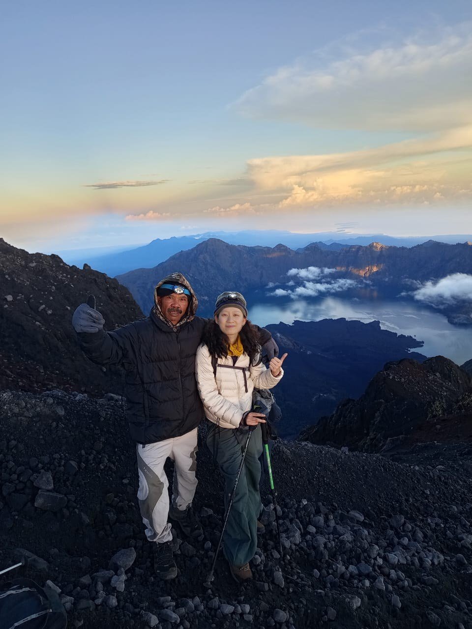 Trekkers on the summit ridge at sunrise